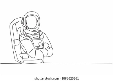 Continuous one line drawing young male astronaut posing cross arm on chest before go to outer space. Professional job profession minimalist concept. Single line draw design vector graphic illustration