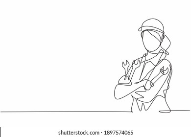 Continuous one line drawing of young female mechanic pose cross arms while holding set of wrench. Professional job profession minimalist concept. Single line draw design vector graphic illustration