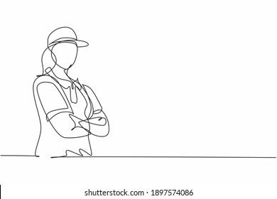 Continuous one line drawing of young deliverywoman posing crossed arms on chest before working. Professional job profession minimalist concept. Single line draw design vector graphic illustration