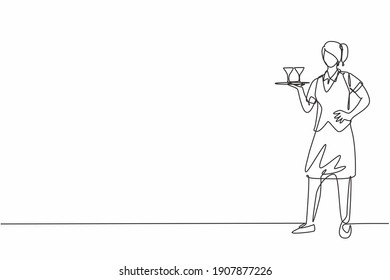 Continuous one line drawing of young beautiful female waitress holding tray with hands on hip. Professional job profession minimalist concept. Single line draw design vector graphic illustration