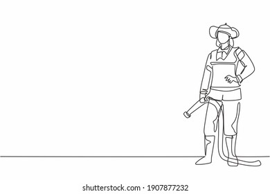 Continuous one line drawing of young beautiful female firefighter with uniform holding hands on hip. Professional job profession minimalist concept. Single line draw design vector graphic illustration