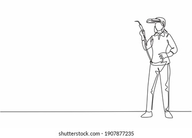 Continuous one line drawing of young beauty female welder holding weld nozzle with hands on hip. Professional job profession minimalist concept. Single line draw design vector graphic illustration