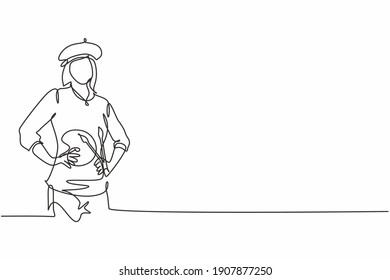 Dibujo continuo de una línea de una joven artista hermosa y talentosa pintora con las manos en la cadera. Concepto minimalista de profesión laboral profesional. ilustración vectorial de diseño de línea única