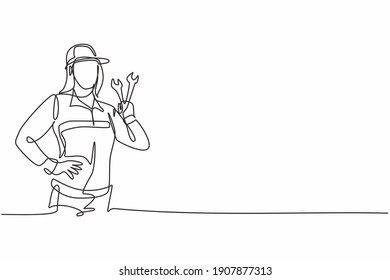 Continuous one line drawing of young beautiful attractive female mechanic with hands on hip. Professional job profession minimalist concept. Single line draw design vector graphic illustration