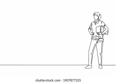 Continuous one line drawing of young beauty delivery woman holding package box with hands on hip. Professional job profession minimalist concept. Single line draw design vector graphic illustration