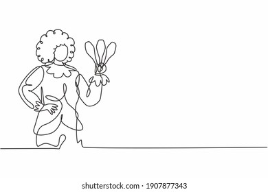 Continuous one line drawing young beautiful funny female clown holding juggling with hands on hip. Professional job profession minimalist concept. Single line draw design vector graphic illustration