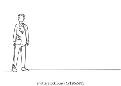 Continuous one line drawing of young smart businessman standing on office suit. Success business manager company minimalist concept. Trendy single line draw design vector graphic illustration