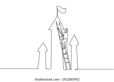 Continuous one line drawing young male worker climbing stairs up to reach business goal target. Success business manager minimalist concept. Trendy single line draw design vector graphic illustration