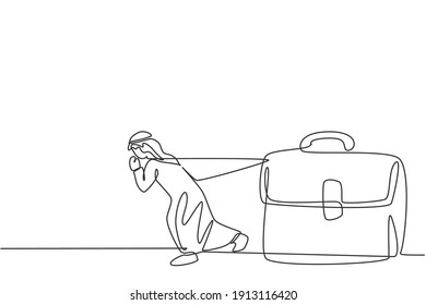 Continuous one line drawing of young Arab businessman pulling the leather briefcase. Business people hard work ethic minimalist concept. Trendy single line draw design vector graphic illustration