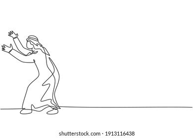 Continuous one line drawing of young Arab businessman pose holding gesture, protection from business threat. Hard worker minimalist concept. Trendy single line draw design vector graphic illustration