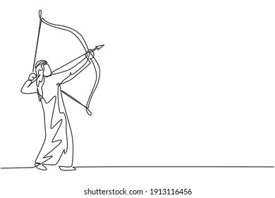 Un continuo dibujo de una línea de un joven hombre de negocios árabe apuntar antes de lanzar la flecha del arco. Concepto minimalista centrado en la visión empresarial. Ilustración gráfica del vector de diseño de líneas simples de moda