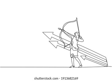 Continuous one line drawing of young female entrepreneur take an arrow bow to hit target goal. Success business strategy minimalist concept. Trendy single line draw design vector graphic illustration