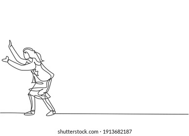 Un dibujo continuo de una línea de jóvenes empresarias supone un gesto de protección. Exitoso concepto minimalista de business manager. Ilustración gráfica del vector de diseño de líneas simples de moda