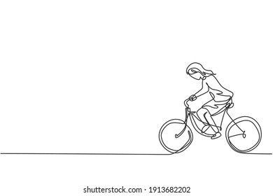 Continuous one line drawing of young female entrepreneur riding bicycle go to the office. Success business manager minimalist concept. Trendy single line draw design vector graphic illustration