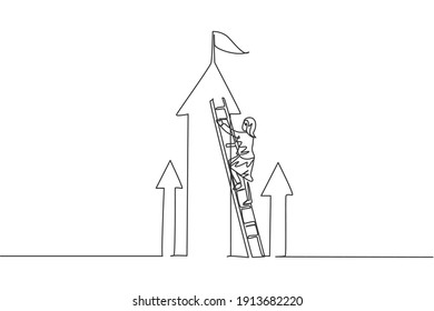 Continuous one line drawing of young female entrepreneur climb the ladder up to reach top arrow. Success business manager minimalist concept. Trendy single line draw design vector graphic illustration