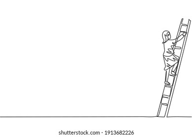 Un contínuo dibujo de una línea de jóvenes empresarias sube la escalera para llegar a la cima. Exitoso concepto minimalista de business manager. Ilustración gráfica del vector de diseño de líneas simples de moda
