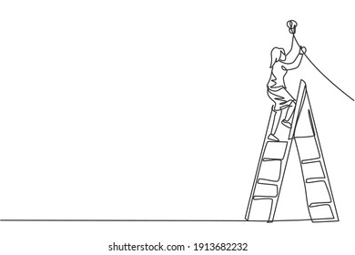 Continuous one line drawing of young female entrepreneur climb ladder up to fix the lamp. Success business manager minimalist concept. Trendy single line draw design vector graphic illustration