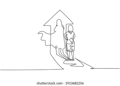 Continuous one line drawing young female entrepreneur facing super hero shadow on arrow up symbol wall. Success manager minimalist concept. Trendy single line draw design vector graphic illustration