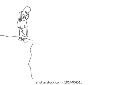 Continuous one line drawing of young female Arabic worker looking down from top of the mountain. Success business manager minimalist concept. Trendy single line draw design vector graphic illustration