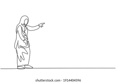 Dibujo continuo de una línea de una joven trabajadora árabe señalando a la colega. Exitoso concepto minimalista de business manager. Ilustración gráfica del vector de diseño de líneas simples de moda