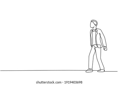 Continuous one line drawing of young handsome male worker thinking while leisurely strolling. Success business manager minimalist concept. Trendy single line draw design vector graphic illustration