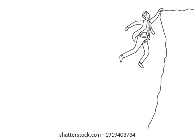 Continuous one line drawing of young struggling male worker holding on the edge of the cliff. Fighter business manager minimalist concept. Trendy single line draw design vector graphic illustration