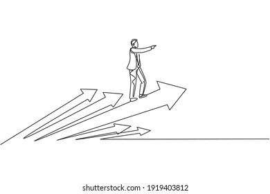 Continuous one line drawing of young handsome male worker flying using rapid up arrows symbol. Success business manager minimalist concept. Trendy single line draw design vector graphic illustration