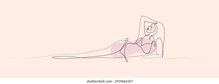 Continuous one Line Drawing Young woman in Bikini Swimwear lying on beach relaxing and sunbathing. Isolated, colored abstract background. Vector Illustration for print, logo,web, trendy beauty design