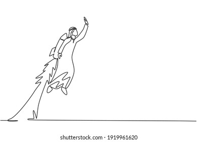 Continuous one line drawing young handsome Arab male worker flying high to the sky with jetpack. Success business manager minimalist concept. Trendy single line draw design vector graphic illustration