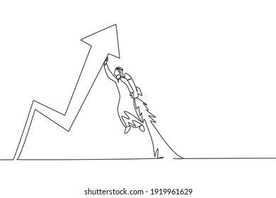 Continuous one line drawing young handsome Arabic male worker flying to rise up arrow symbol. Success business strategy minimalist concept. Trendy single line draw design vector graphic illustration