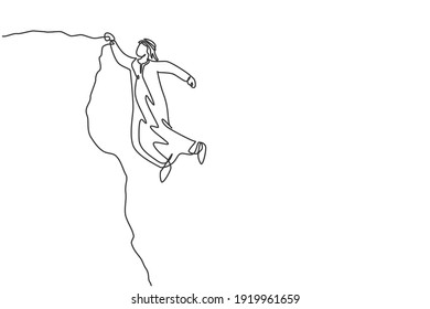 Continuous one line drawing of young handsome Arab male worker hanging tight on cliff edge. Success business struggle, metaphor minimalist concept. Single line draw design vector graphic illustration