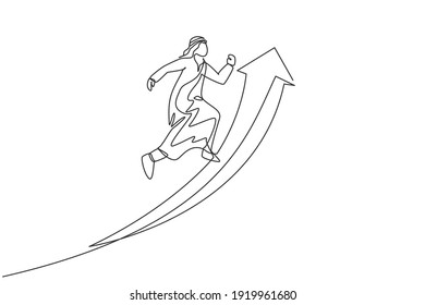 El dibujo continuo de una línea de un joven trabajador árabe saltando alto para alcanzar el creciente objetivo de ventas. Exitoso concepto minimalista de business manager. ilustración vectorial de diseño de línea única