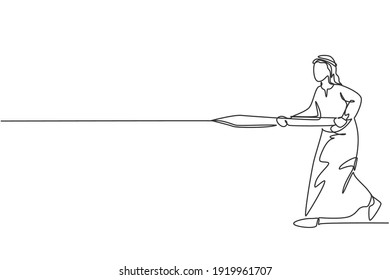 Continuous one line drawing of young Arabian male worker holding sword and ready to hit target. Success business manager minimalist concept. Trendy single line draw design vector graphic illustration