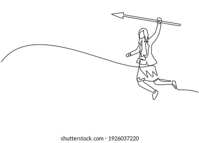 Continuous one line drawing of young female worker holding arrow spear to hit target. Success business manager minimalist concept. Trendy single line draw design vector graphic illustration