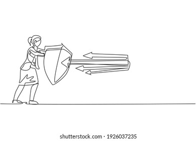 Continuous one line drawing of young female worker holding metal shield to protect from arrow attack. Success business manager minimalist concept. Single line draw design vector graphic illustration