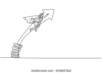 Continuous one line drawing of young female worker flying jumping high with metal spring. Success business manager minimalist metaphor concept. Single line draw design vector graphic illustration