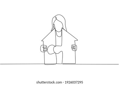 Continuous one line drawing of young female worker build puzzle arrow into arrow house building. Success business manager minimalist concept. Trendy single line draw design vector graphic illustration