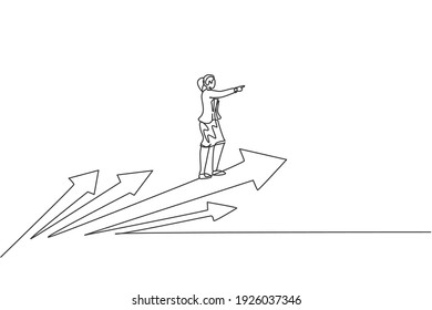 Continuous one line drawing of young female worker riding on forward arrows symbol. Success business manager minimalist metaphor concept. Trendy single line draw design vector graphic illustration