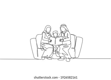 Continuous one line drawing of young Arabian parent sitting on sofa with their boy, reading a book. Happy Islamic muslim parenting family concept. Single line graphic draw design vector illustration