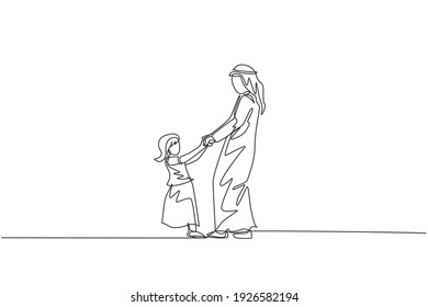 Continuous one line drawing of young Arabian father and daughter playing together at home. Happy Islamic muslim parenting family concept. Dynamic single line graphic draw design vector illustration