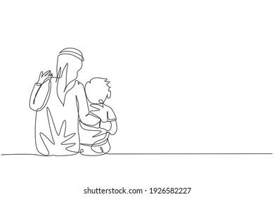 Continuous one line drawing of young Arabian dad and his son talking and sitting together. Happy Islamic muslim parenting family concept. Dynamic single line graphic draw design vector illustration