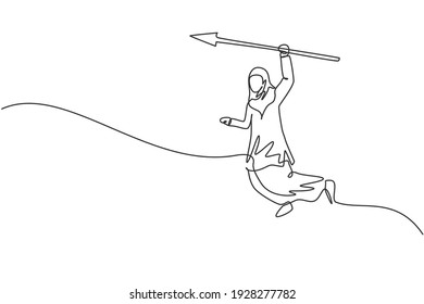 Continuous one line drawing young Arabic female worker jumping high while holding arrow spear. Success business manager minimalist concept. Trendy single line draw design vector graphic illustration