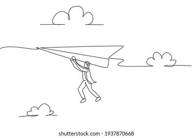 Continuous one line drawing young male worker hanging tight on flying paper airplane. Success business challenge metaphor minimalist concept. Trendy single line draw design vector graphic illustration