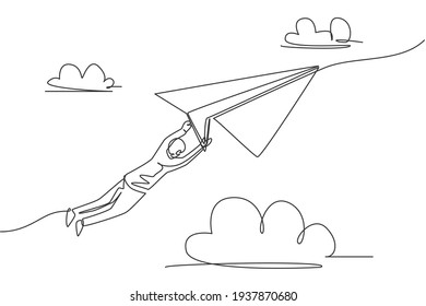 Continuous one line drawing young male worker hold and hang tight on flying paper airplane. Business challenge metaphor. Minimalist concept. Trendy single line draw design vector graphic illustration