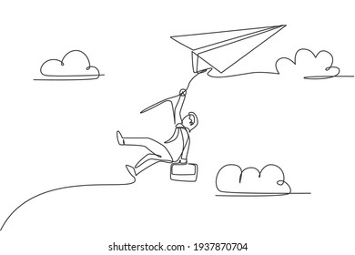 Continuous one line drawing of young male worker hanging tight on flying paper aircraft. Business challenge, metaphor concept. Minimalist trendy single line draw design vector graphic illustration
