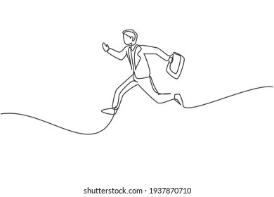 Continuous one line drawing of young happy male worker jumping high while holding briefcase. Success business manager. Minimalist concept. Trendy single line draw design vector graphic illustration