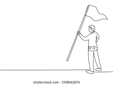 Continuous one line drawing young male worker holding winning flag. Success business manager achieve company target. Metaphor minimalist concept. Single line draw design vector graphic illustration