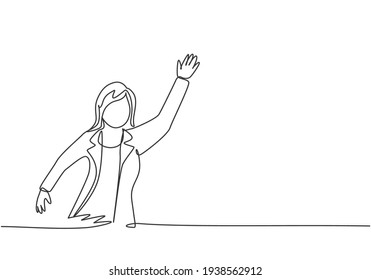 Continuous one line drawing of young female worker waving her hand to greet colleague. Success business manager. Metaphor minimalist concept. Trendy single line draw design vector graphic illustration