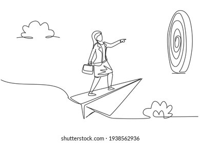 Continuous one line drawing young female worker focus flying with paper plane to hit business target. Success manager. Metaphor minimalist concept. Single line draw design vector graphic illustration