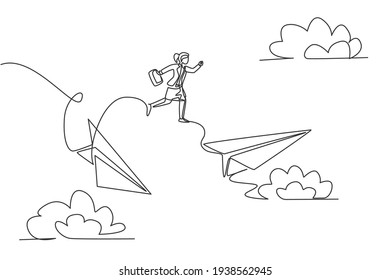 Continuous one line drawing of young female worker jumping from crash paper plane to the healthy one. Success manager. Metaphor minimalist concept. Single line draw design vector graphic illustration